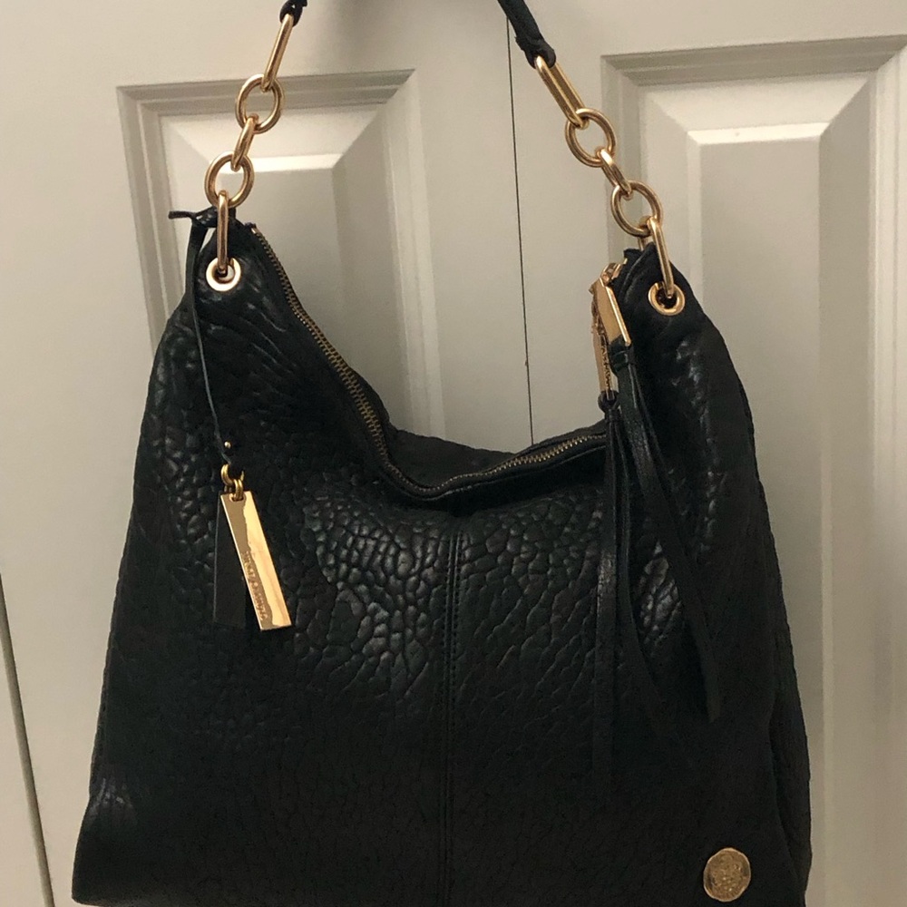 Vince  New Black Pebbled Leather Shoulder Hobo with Gold Hardware